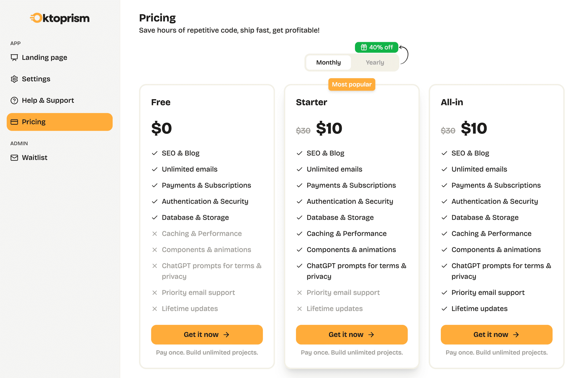 Oktoprism pricing page