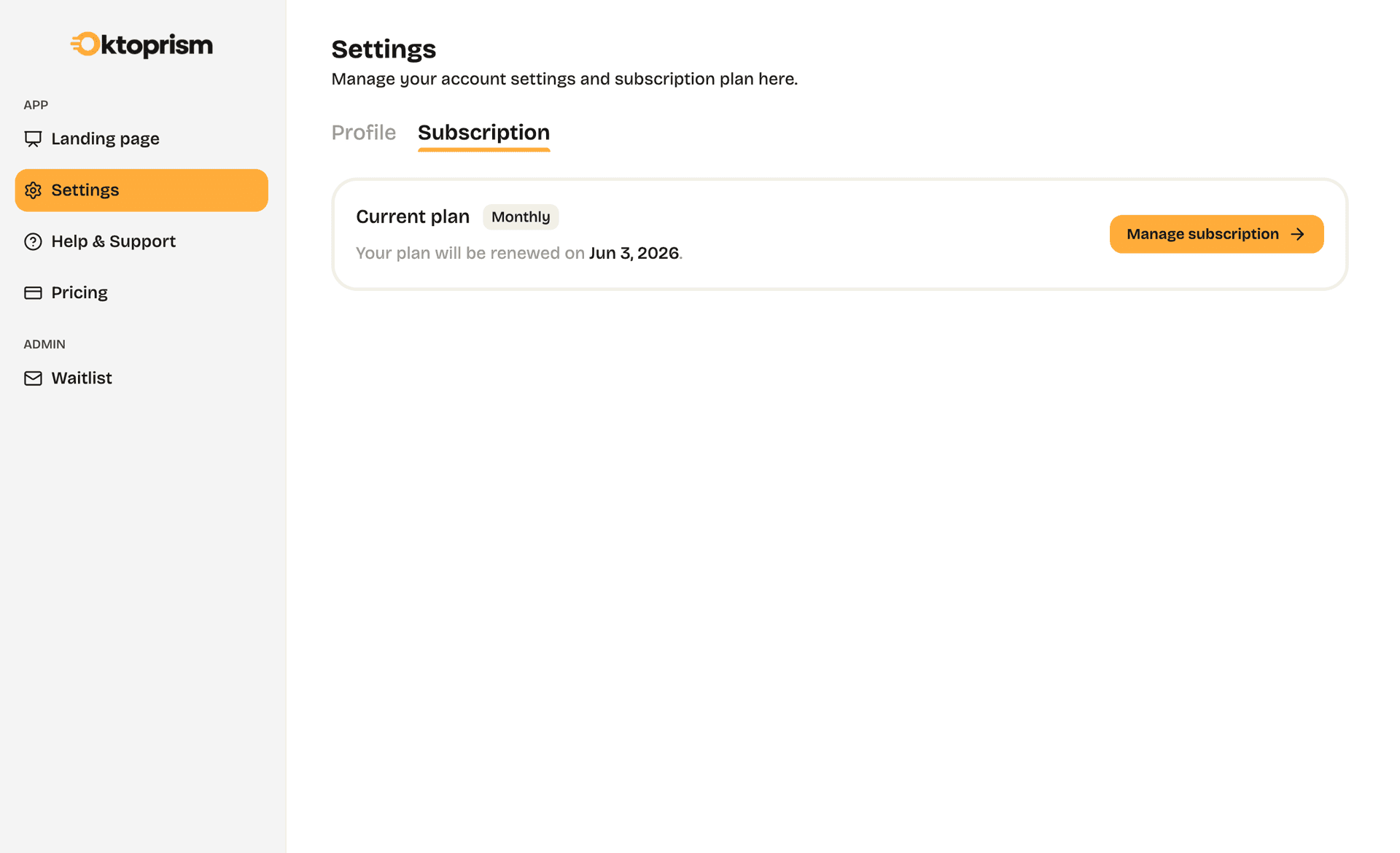 Oktoprism subscription management page